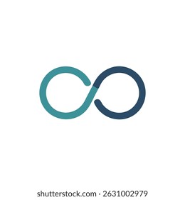 A minimalist abstract infinity symbol made of two loops. Teal and navy color scheme on solid black backdrop. Flat, contemporary design.