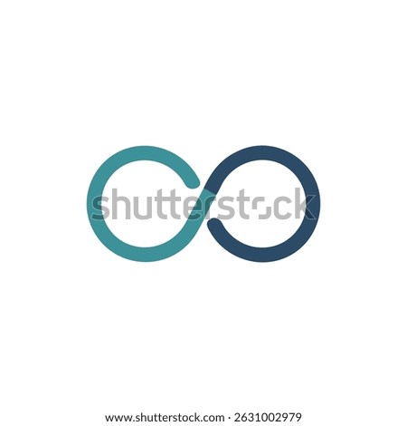 A minimalist abstract infinity symbol made of two loops. Teal and navy color scheme on solid black backdrop. Flat, contemporary design.