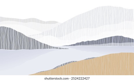 Minimalist abstract landscape features a serene scene of mountains and water filled with vertical lines of muted purple and grey tones