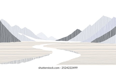 Paisagem abstrata minimalista apresenta uma cena serena de montanhas e longa estrada preenchida com linhas verticais de tons roxos e cinzas