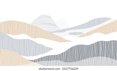 Minimalist abstract landscape features a serene scene of mountains and clouds filled with vertical lines of muted purple and grey tones