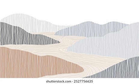 Minimalist abstract landscape features a serene scene of mountains and river filled with vertical lines of muted purple and grey tones