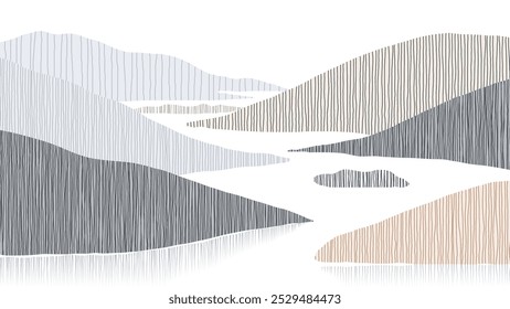 Minimalist abstract landscape features a serene scene of mountains and river filled with vertical lines of muted purple and grey tones