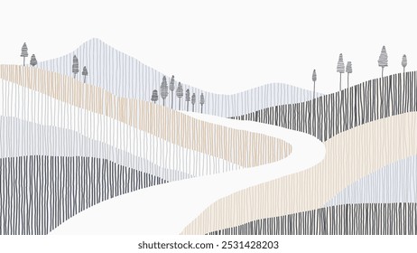 El paisaje abstracto minimalista presenta un sereno paisaje de montañas y un largo camino lleno de líneas de Vertical de tonos morados y grises apagados