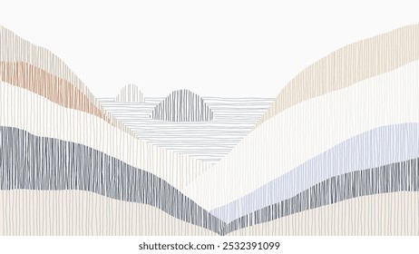 Minimalistische abstrakte Landschaft zeigt eine ruhige Szene von Bergen und Meer mit vertikalen Linien von gedeckten violetten und grauen Tönen gefüllt