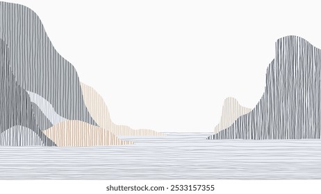 Minimalist abstract landscape features a serene scene of cliffs and water filled with vertical lines of muted purple and grey tones