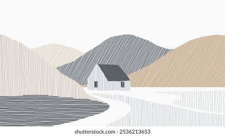 Minimalist abstract landscape features a serene scene of a house in the mountains filled with vertical lines of muted purple and grey tones