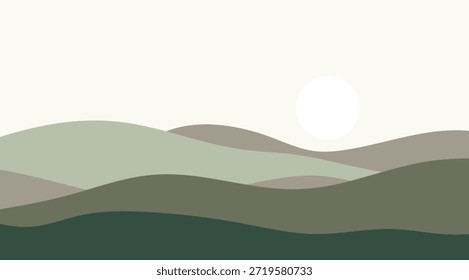 Eine minimalistische abstrakte Landschaft mit hügeligen sanften Hügeln in Grün- und Grautönen, die im sanften Licht einer hellen weißen Sonne gegen einen cremigen Himmel gebadet werden