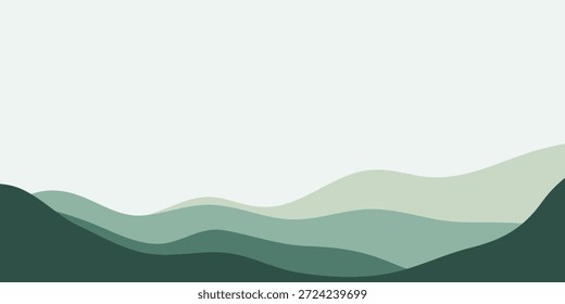 Minimalist abstract landscape featuring layered rolling hills in varying shades of green, set against a soft, pale sky. The design evokes a sense of calm and nature.