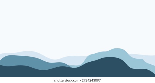 Paisaje abstracto minimalista con colinas azules en capas sobre un fondo blanco limpio, evocando una sensación de calma y naturaleza.