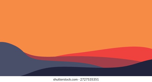 Paisagem abstrata minimalista com formas onduladas em camadas em tons de azul escuro, vermelho e laranja, definido contra um céu laranja sólido.