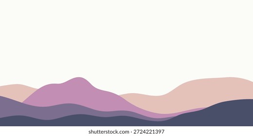 A minimalist abstract landscape featuring rolling hills or waves in soft pastel colors like purple, pink, and beige against a white background.