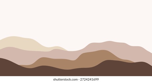 Un paisaje abstracto minimalista con colinas o dunas onduladas en varios tonos de marrón y beige, frente a un cielo rosa pálido.