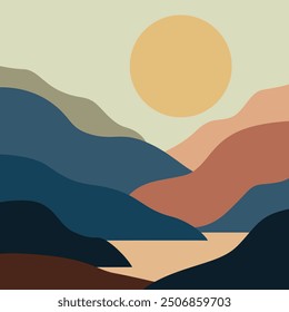 Minimalist, abstract landscape illustration in a contemporary art style, hand-drawn with nature scenery