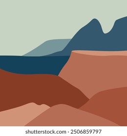 Minimalist, abstract landscape illustration in a contemporary art style, hand-drawn with nature scenery