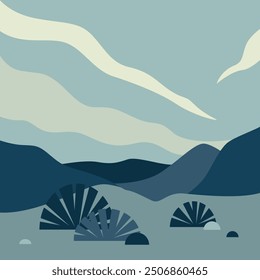 A minimalist, abstract landscape illustration in a contemporary art style, hand-drawn with nature scenery in blue tones