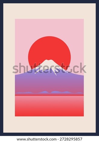 Minimalist abstract landscape with Mount Fuji silhouette, red sun, and soft pastel gradients. Modern flat vector illustration inspired by Japanese aesthetics. Poster and vertical banner