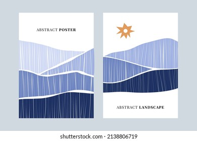 Minimalist abstract landscape posters. Set of nature art prints, mid century mountain backgrounds. Vector illustration