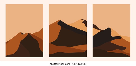 Minimalist abstract landscape set. Hand drawn contemporary travel posters, nature wall art decor, desert dune backgrounds oriental style. Trendy vector illustrations