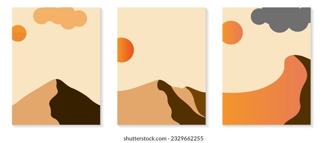 Conjunto de paisajes abstractos minimalistas. Afiche de viaje contemporáneo dibujado a mano, decoración de arte en la pared natural, estilo oriental y fondo de dunas.