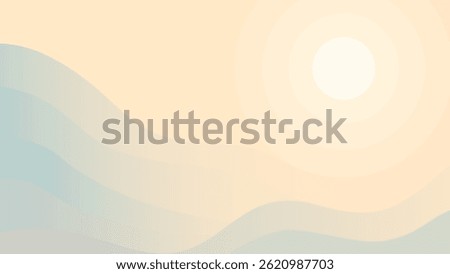 Minimalist abstract landscape with soft waves and sun in pastel tones. Abstract waves with gentle sunlight reflection. 2D illustration in flat design. Vector illustration