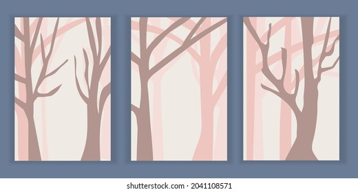 Minimalist abstract landscape. Trees in the forest. Branches without leaves. Pastel pink tones. Posters with the concept of travel, leisure and tourism. 