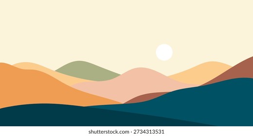Fundo de vetor de paisagem abstrata minimalista com colinas de rolamento e sol montanhas em tons terrosos Design