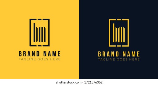 Minimalist abstract letter BM logo. This logo icon incorporate with abstract rectangle shape and typeface in the creative way. Modern letter logo design in yellow and black background.