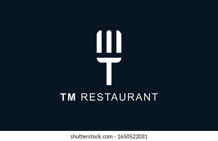 Minimalist abstract line art letter TM restaurant logo. This logo icon incorporate with letter T, M and spoon in the creative way.
