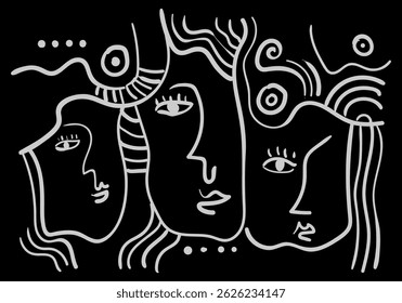 A minimalist abstract line drawing of three human faces in profile, created with flowing, continuous black lines on a white background. 