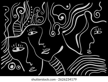 A minimalist abstract line drawing of three human faces in profile, created with flowing, continuous black lines on a white background. 