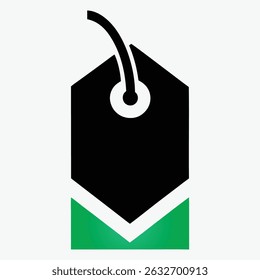 Um design de logotipo minimalista e abstrato com uma forma hexagonal preta com um círculo branco na parte superior, do qual uma fita preta se estende. Abaixo do hexágono há um triângulo verde com uma tag de contorno branca.
