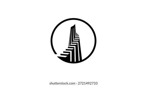 Um design de logotipo minimalista e abstrato com uma escada que conduz para cima, dentro de uma moldura circular. O contraste preto e branco cria uma estética moderna e limpa, simbolizando