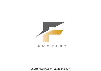 Logotipo abstracto minimalista con letra F gris audaz cortada con elegante acento dorado, estilo de marca de empresa limpia sobre fondo blanco