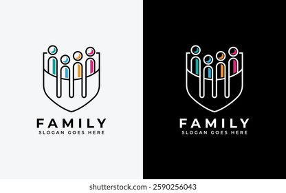 A minimalist abstract logo featuring a family figure seamlessly combined with a shield, symbolizing protection, care, and support.