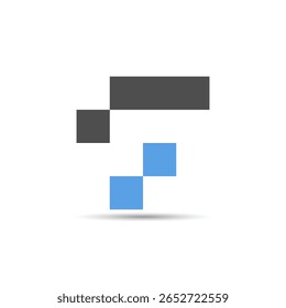 Ein minimalistisches, abstraktes Logo aus dunkelgrauen und hellblauen Quadraten, die eine F- oder T-Form bilden und Bewegung und Verbindung in einem sauberen, modernen Stil vermitteln.