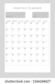 Minimalist abstract monochrome planner. Daily, weekly, monthly planner template. Blank printable vertical notebook page with space for notes and goals. 
Business organizer. Paper sheet size A4.