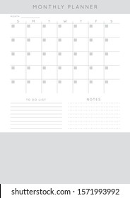Minimalist abstract monochrome planner. Daily, weekly, monthly planner template. Blank printable vertical notebook page with space for notes and goals. 
Business organizer. Paper sheet size A4.