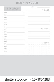 Minimalist abstract monochrome planner. Daily, weekly, monthly planner template. Blank printable vertical notebook page with space for notes and goals. Business organizer. Paper sheet size A4.