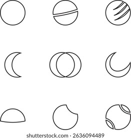 Minimalist abstract moon phase and planet icons in line style. Ideal for astronomy apps, space designs, or modern scientific and tech user interfaces. Editable stroke icons.