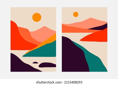 Minimalist abstract mountain landscape. Modern contemporary hand drawn boho nature scenery posters. Vector illustration