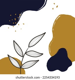 minimalist Abstract mustard and dark background with leaf line art