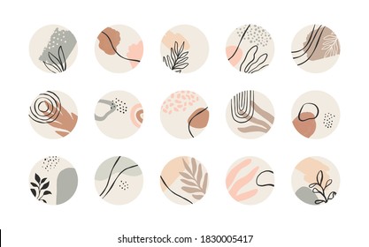 Minimalist abstract nature art icon collection. Pastel color dot template bundle for social media story, web highlight or blog. Modern hand drawn plant leaf and tropical circle shape decoration set.