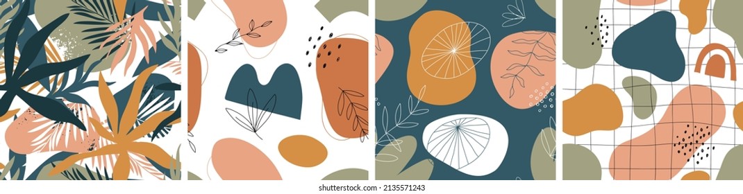 Arte de la naturaleza abstracta minimalista, colección de patrones sin fisuras. Fondo de color neutro para diseño de moda, temporada de verano o concepto natural. Decoración moderna de hojas de plantas y formas orgánicas.