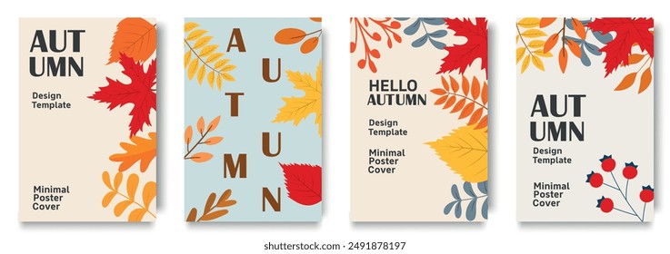 Minimalist abstract nature art set of autumn design templates with leaves and nature elements. Pastel color doodle bundle for fashion design, autumn season or natural concept. Modern hand drawn plant 