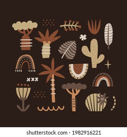 Minimalistische abstrakte Naturkunst formt Sammlung. doodle-Paket für Modedesign, Sommersaison oder Naturkonzept. Modernes, handgezeichnetes Pflanzenblatt und tropisches Gestaltungsset.