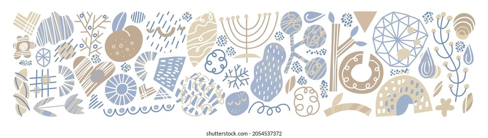 Minimalist abstract nature art shapes, hand drawn doodle collection. Pastel beige and light blue color bundle for fashion or interior design, textile, poster, winter season concept, scandinavian style