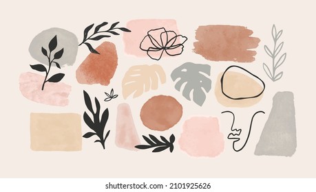 Minimalist abstract nature art shapes collection. Watercolor doodle bundle for fashion design, summer season or natural concept. Modern hand drawn plant leaf and tropical shape decoration set.