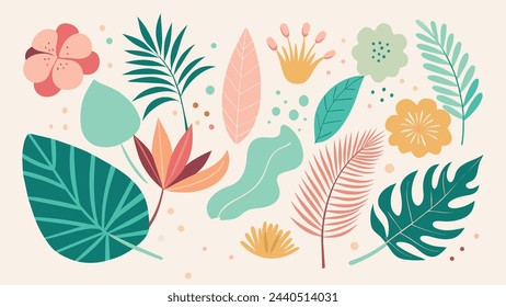 Minimalist Abstract nature art shapes pro collection. Pastel color doodle bundle for fashion design, summer season or natural concept. Modern hand drawn plant leaf and tropical shape