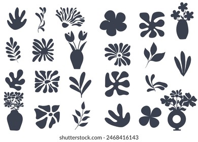 Minimalist abstract nature art shapes collection. Silhouette doodle bundle for fashion design. Modern hand drawn plant leaf and flowers decoration set. Vector design for cards, textile, posters